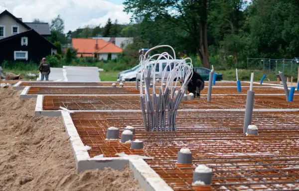 Budowa fundamentów: zbrojenie, rury i izolacja.