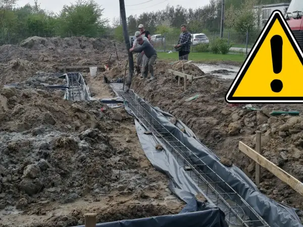 Budowa fundamentów: betonowanie zbrojenia w wykopie, obok żółty znak ostrzegawczy.