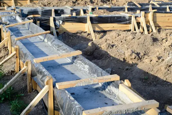Szalunek betonowy z folią i drewnianymi wspornikami na budowie fundamentów.
