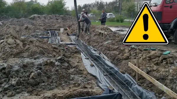 Budowa trwa! Wylewanie betonu na zbrojenie, tworząc solidne ławy fundamentowe pod przyszły budynek.