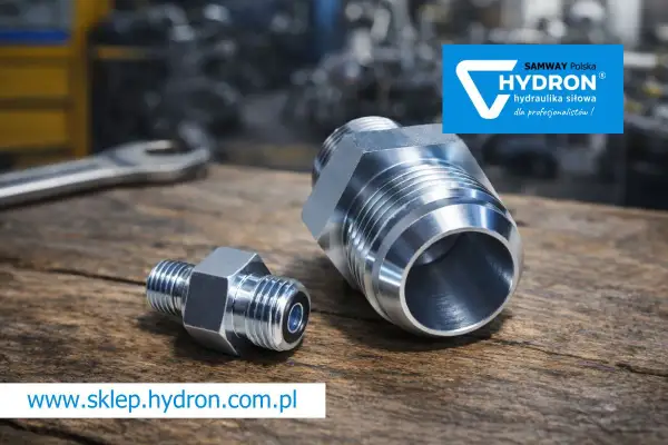 Dwa metalowe nypelki hydrauliczne Hydron na drewnianym blacie. Jeden mniejszy, drugi większy, gotowe do montażu.
