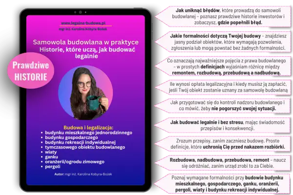 Kobieta z kubkiem omawia **legalizację samowoli budowlanej**, prezentując historie i porady dotyczące budowy.